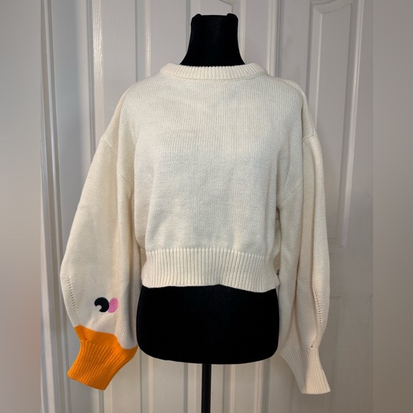 Cider Duck Goose Sleeve Cropped Cream Crew Neck Knit Sweater Womens Sz Lrg - Picture 4 of 13
